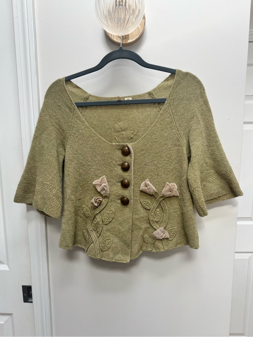 Moth Olive Green Floral Applique Button-Front Wool Cardigan